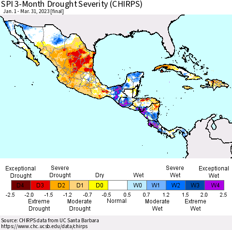 Mexico Central America and the Caribbean SPI 3-Month Drought Severity (CHIRPS) Thematic Map For 1/1/2023 - 3/31/2023