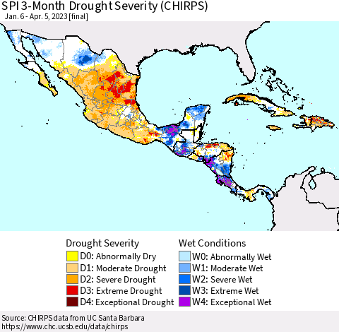Mexico Central America and the Caribbean SPI 3-Month Drought Severity (CHIRPS) Thematic Map For 1/6/2023 - 4/5/2023