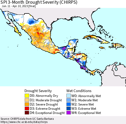 Mexico Central America and the Caribbean SPI 3-Month Drought Severity (CHIRPS) Thematic Map For 1/11/2023 - 4/10/2023