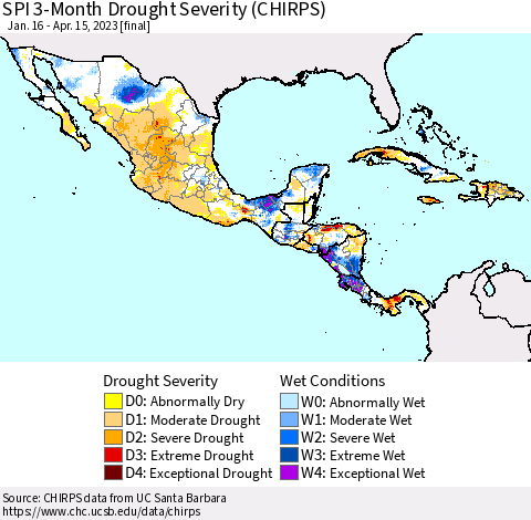 Mexico Central America and the Caribbean SPI 3-Month Drought Severity (CHIRPS) Thematic Map For 1/16/2023 - 4/15/2023