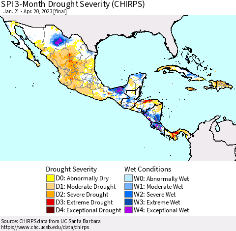 Mexico Central America and the Caribbean SPI 3-Month Drought Severity (CHIRPS) Thematic Map For 1/21/2023 - 4/20/2023