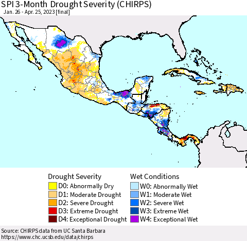 Mexico Central America and the Caribbean SPI 3-Month Drought Severity (CHIRPS) Thematic Map For 1/26/2023 - 4/25/2023