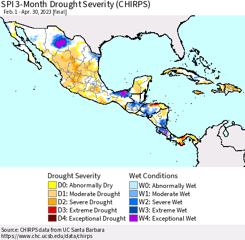 Mexico Central America and the Caribbean SPI 3-Month Drought Severity (CHIRPS) Thematic Map For 2/1/2023 - 4/30/2023