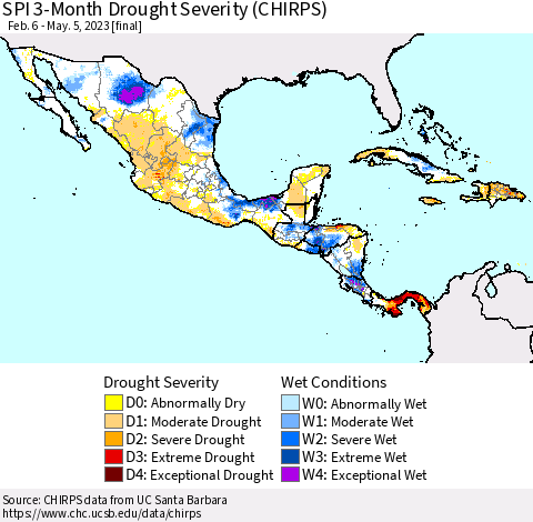 Mexico Central America and the Caribbean SPI 3-Month Drought Severity (CHIRPS) Thematic Map For 2/6/2023 - 5/5/2023