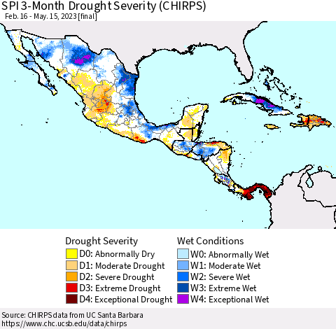 Mexico Central America and the Caribbean SPI 3-Month Drought Severity (CHIRPS) Thematic Map For 2/16/2023 - 5/15/2023