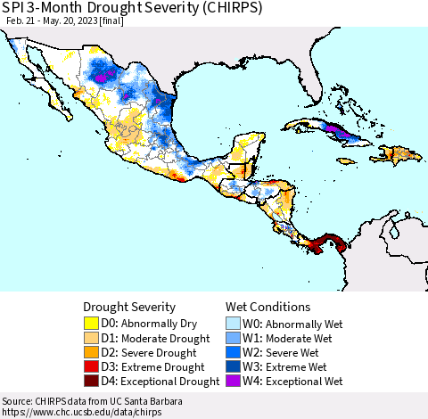 Mexico Central America and the Caribbean SPI 3-Month Drought Severity (CHIRPS) Thematic Map For 2/21/2023 - 5/20/2023