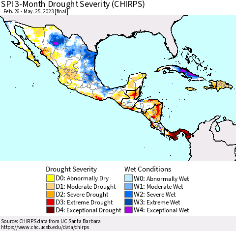 Mexico Central America and the Caribbean SPI 3-Month Drought Severity (CHIRPS) Thematic Map For 2/26/2023 - 5/25/2023