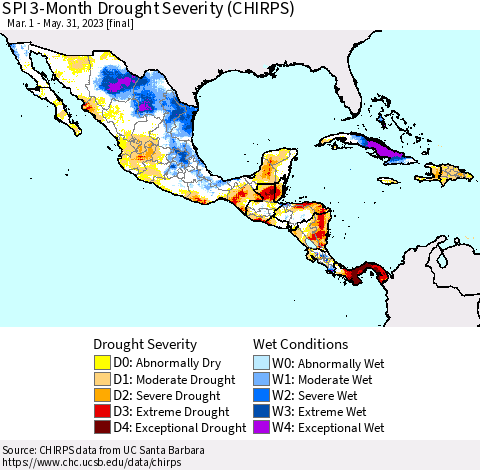 Mexico Central America and the Caribbean SPI 3-Month Drought Severity (CHIRPS) Thematic Map For 3/1/2023 - 5/31/2023