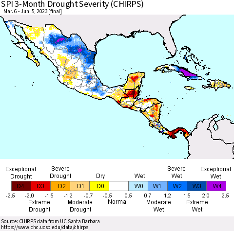 Mexico Central America and the Caribbean SPI 3-Month Drought Severity (CHIRPS) Thematic Map For 3/6/2023 - 6/5/2023