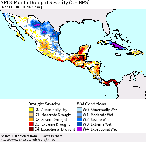 Mexico Central America and the Caribbean SPI 3-Month Drought Severity (CHIRPS) Thematic Map For 3/11/2023 - 6/10/2023