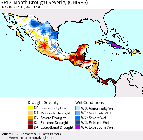 Mexico Central America and the Caribbean SPI 3-Month Drought Severity (CHIRPS) Thematic Map For 3/16/2023 - 6/15/2023