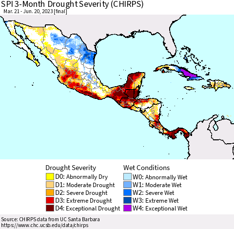 Mexico Central America and the Caribbean SPI 3-Month Drought Severity (CHIRPS) Thematic Map For 3/21/2023 - 6/20/2023