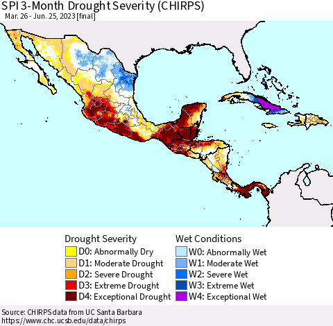 Mexico Central America and the Caribbean SPI 3-Month Drought Severity (CHIRPS) Thematic Map For 3/26/2023 - 6/25/2023