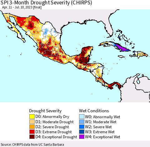 Mexico Central America and the Caribbean SPI 3-Month Drought Severity (CHIRPS) Thematic Map For 4/11/2023 - 7/10/2023