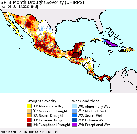 Mexico Central America and the Caribbean SPI 3-Month Drought Severity (CHIRPS) Thematic Map For 4/16/2023 - 7/15/2023