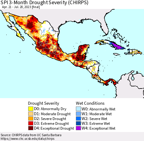 Mexico Central America and the Caribbean SPI 3-Month Drought Severity (CHIRPS) Thematic Map For 4/21/2023 - 7/20/2023