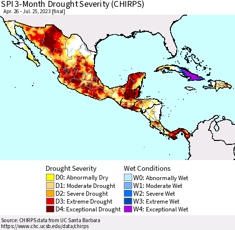 Mexico Central America and the Caribbean SPI 3-Month Drought Severity (CHIRPS) Thematic Map For 4/26/2023 - 7/25/2023