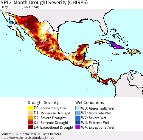 Mexico Central America and the Caribbean SPI 3-Month Drought Severity (CHIRPS) Thematic Map For 5/1/2023 - 7/31/2023