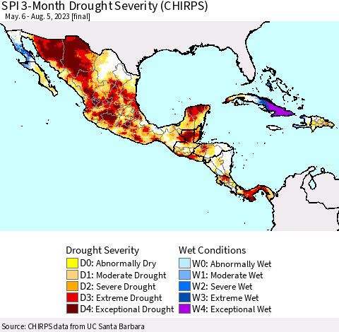 Mexico Central America and the Caribbean SPI 3-Month Drought Severity (CHIRPS) Thematic Map For 5/6/2023 - 8/5/2023