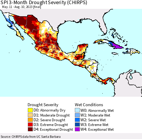Mexico Central America and the Caribbean SPI 3-Month Drought Severity (CHIRPS) Thematic Map For 5/11/2023 - 8/10/2023