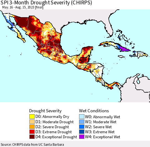 Mexico Central America and the Caribbean SPI 3-Month Drought Severity (CHIRPS) Thematic Map For 5/16/2023 - 8/15/2023