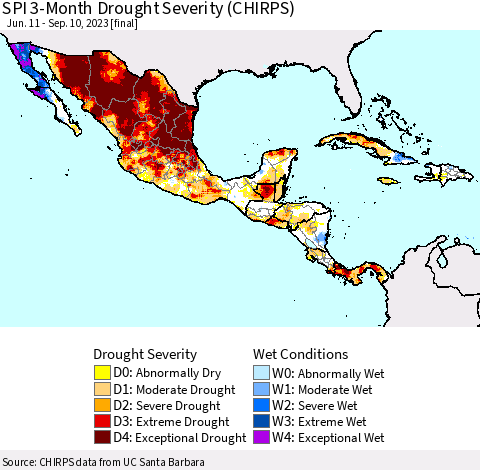 Mexico Central America and the Caribbean SPI 3-Month Drought Severity (CHIRPS) Thematic Map For 6/11/2023 - 9/10/2023