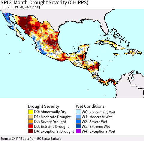 Mexico Central America and the Caribbean SPI 3-Month Drought Severity (CHIRPS) Thematic Map For 7/21/2023 - 10/20/2023