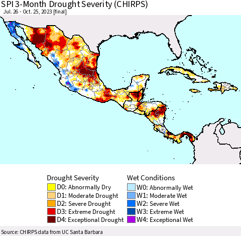 Mexico Central America and the Caribbean SPI 3-Month Drought Severity (CHIRPS) Thematic Map For 7/26/2023 - 10/25/2023
