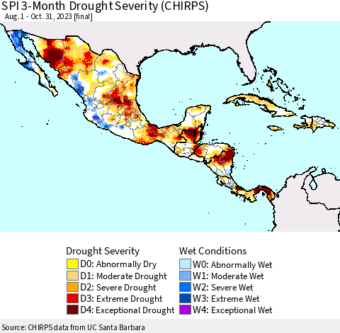 Mexico Central America and the Caribbean SPI 3-Month Drought Severity (CHIRPS) Thematic Map For 8/1/2023 - 10/31/2023