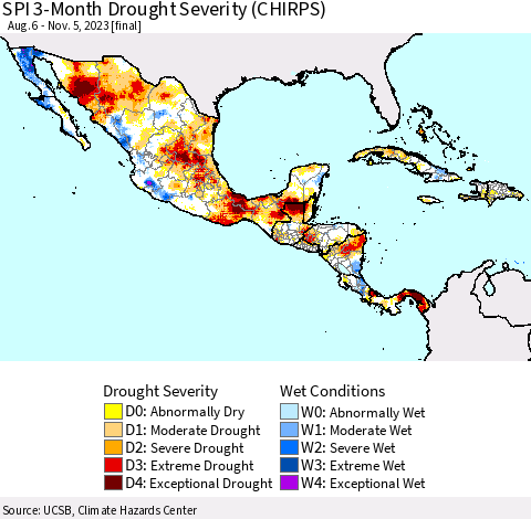 Mexico Central America and the Caribbean SPI 3-Month Drought Severity (CHIRPS) Thematic Map For 8/6/2023 - 11/5/2023