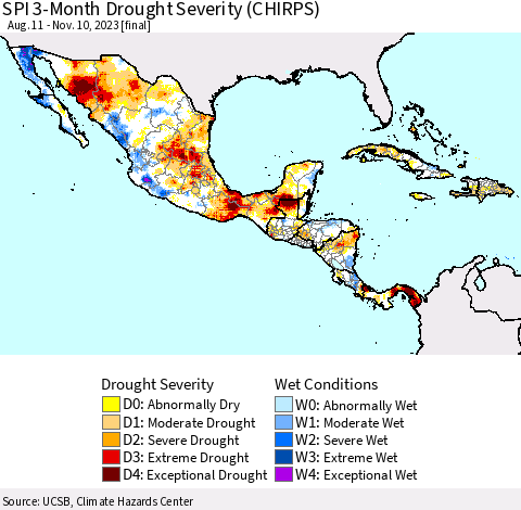 Mexico Central America and the Caribbean SPI 3-Month Drought Severity (CHIRPS) Thematic Map For 8/11/2023 - 11/10/2023