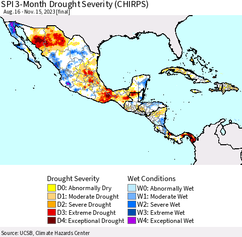 Mexico Central America and the Caribbean SPI 3-Month Drought Severity (CHIRPS) Thematic Map For 8/16/2023 - 11/15/2023