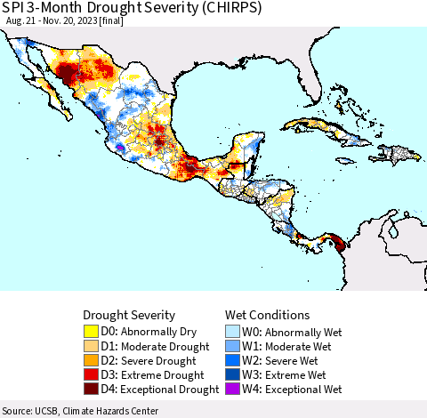 Mexico Central America and the Caribbean SPI 3-Month Drought Severity (CHIRPS) Thematic Map For 8/21/2023 - 11/20/2023