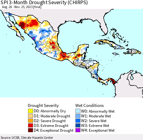 Mexico Central America and the Caribbean SPI 3-Month Drought Severity (CHIRPS) Thematic Map For 8/26/2023 - 11/25/2023