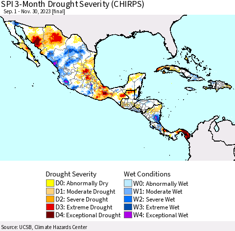 Mexico Central America and the Caribbean SPI 3-Month Drought Severity (CHIRPS) Thematic Map For 9/1/2023 - 11/30/2023
