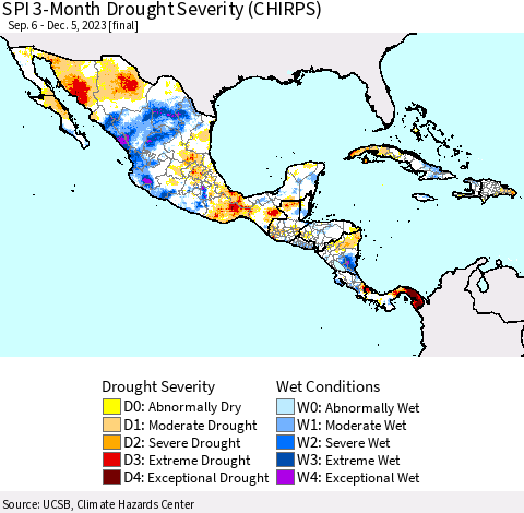 Mexico Central America and the Caribbean SPI 3-Month Drought Severity (CHIRPS) Thematic Map For 9/6/2023 - 12/5/2023