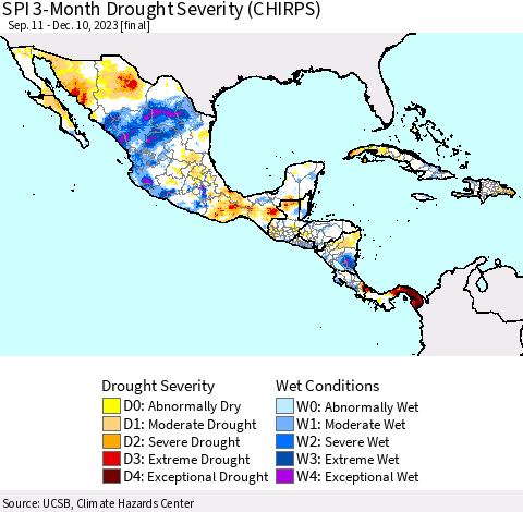 Mexico Central America and the Caribbean SPI 3-Month Drought Severity (CHIRPS) Thematic Map For 9/11/2023 - 12/10/2023