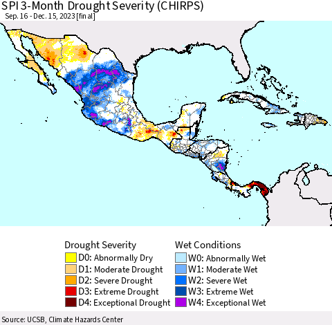 Mexico Central America and the Caribbean SPI 3-Month Drought Severity (CHIRPS) Thematic Map For 9/16/2023 - 12/15/2023