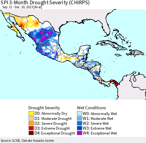 Mexico Central America and the Caribbean SPI 3-Month Drought Severity (CHIRPS) Thematic Map For 9/21/2023 - 12/20/2023
