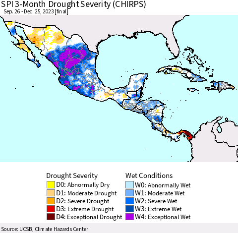 Mexico Central America and the Caribbean SPI 3-Month Drought Severity (CHIRPS) Thematic Map For 9/26/2023 - 12/25/2023