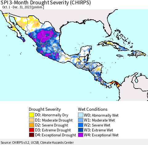 Mexico Central America and the Caribbean SPI 3-Month Drought Severity (CHIRPS) Thematic Map For 10/1/2023 - 12/31/2023