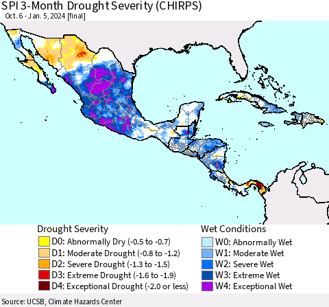 Mexico Central America and the Caribbean SPI 3-Month Drought Severity (CHIRPS) Thematic Map For 10/6/2023 - 1/5/2024