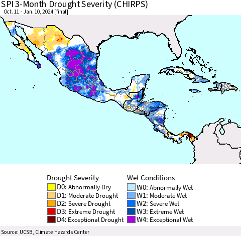 Mexico Central America and the Caribbean SPI 3-Month Drought Severity (CHIRPS) Thematic Map For 10/11/2023 - 1/10/2024