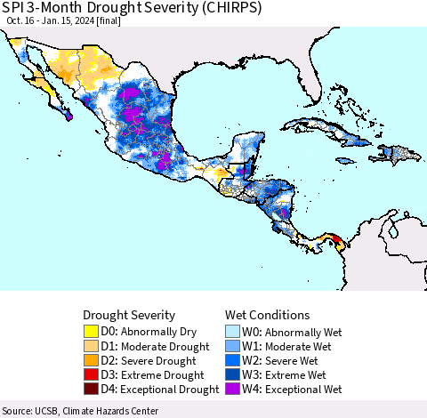 Mexico Central America and the Caribbean SPI 3-Month Drought Severity (CHIRPS) Thematic Map For 10/16/2023 - 1/15/2024