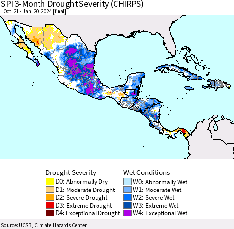 Mexico Central America and the Caribbean SPI 3-Month Drought Severity (CHIRPS) Thematic Map For 10/21/2023 - 1/20/2024