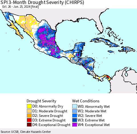 Mexico Central America and the Caribbean SPI 3-Month Drought Severity (CHIRPS) Thematic Map For 10/26/2023 - 1/25/2024