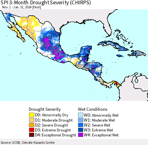 Mexico Central America and the Caribbean SPI 3-Month Drought Severity (CHIRPS) Thematic Map For 11/1/2023 - 1/31/2024