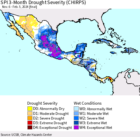 Mexico Central America and the Caribbean SPI 3-Month Drought Severity (CHIRPS) Thematic Map For 11/6/2023 - 2/5/2024