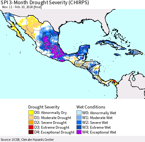 Mexico Central America and the Caribbean SPI 3-Month Drought Severity (CHIRPS) Thematic Map For 11/11/2023 - 2/10/2024