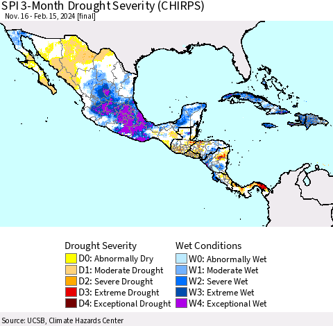 Mexico Central America and the Caribbean SPI 3-Month Drought Severity (CHIRPS) Thematic Map For 11/16/2023 - 2/15/2024